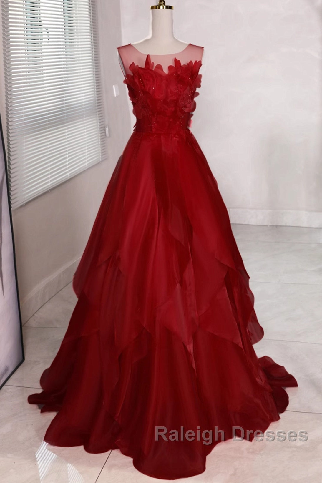 Wine Red Round Neckline A-Line Beaded Party Dress, Wine Red Long Prom Dress
