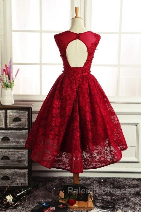 Wine Red Round Neckline Lace High Low Homecoming Dress, High Low Formal Dress Secondary image