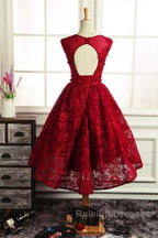 Wine Red Round Neckline Lace High Low Homecoming Dress, High Low Formal Dress
