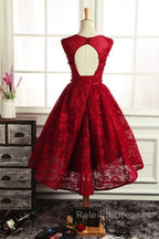 Wine Red Round Neckline Lace High Low Homecoming Dresses High Low Prom Dresses