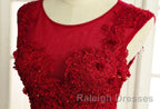 Wine Red Round Neckline Lace High Low Homecoming Dress, High Low Formal Dress
