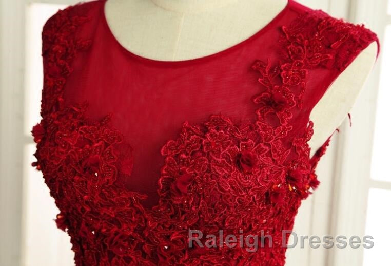 Wine Red Round Neckline Lace High Low Homecoming Dress, High Low Formal Dress