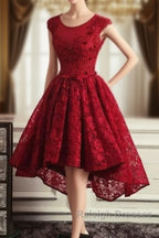 Wine Red Round Neckline Lace High Low Homecoming Dress, High Low Formal Dress