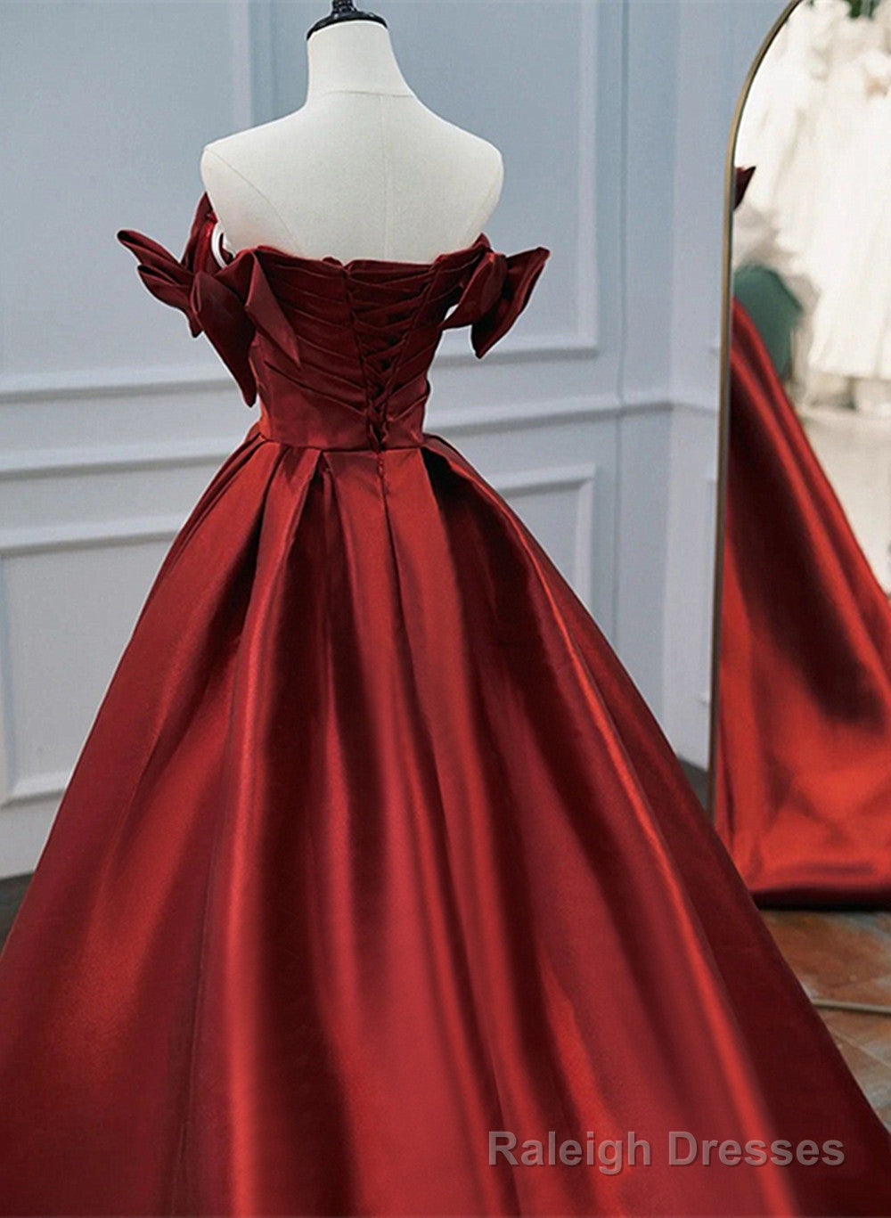 Wine Red Satin A Line Beaded Off Shoulder Prom Dress, Wine Red Prom Dress Formal Dress