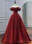 Wine Red Satin A-line Beaded Off Shoulder Party Dress, Wine Red Prom Dress Formal Dress