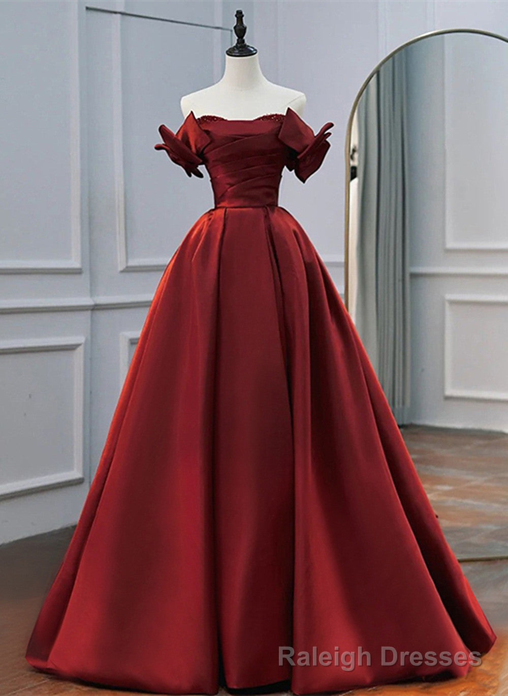 Wine Red Satin A Line Beaded Off Shoulder Prom Dress, Wine Red Prom Dress Formal Dress Main image