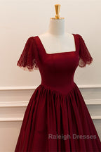 Wine Red Satin A-Line Floor Length Party Dress, Wine Red Evening Dress
