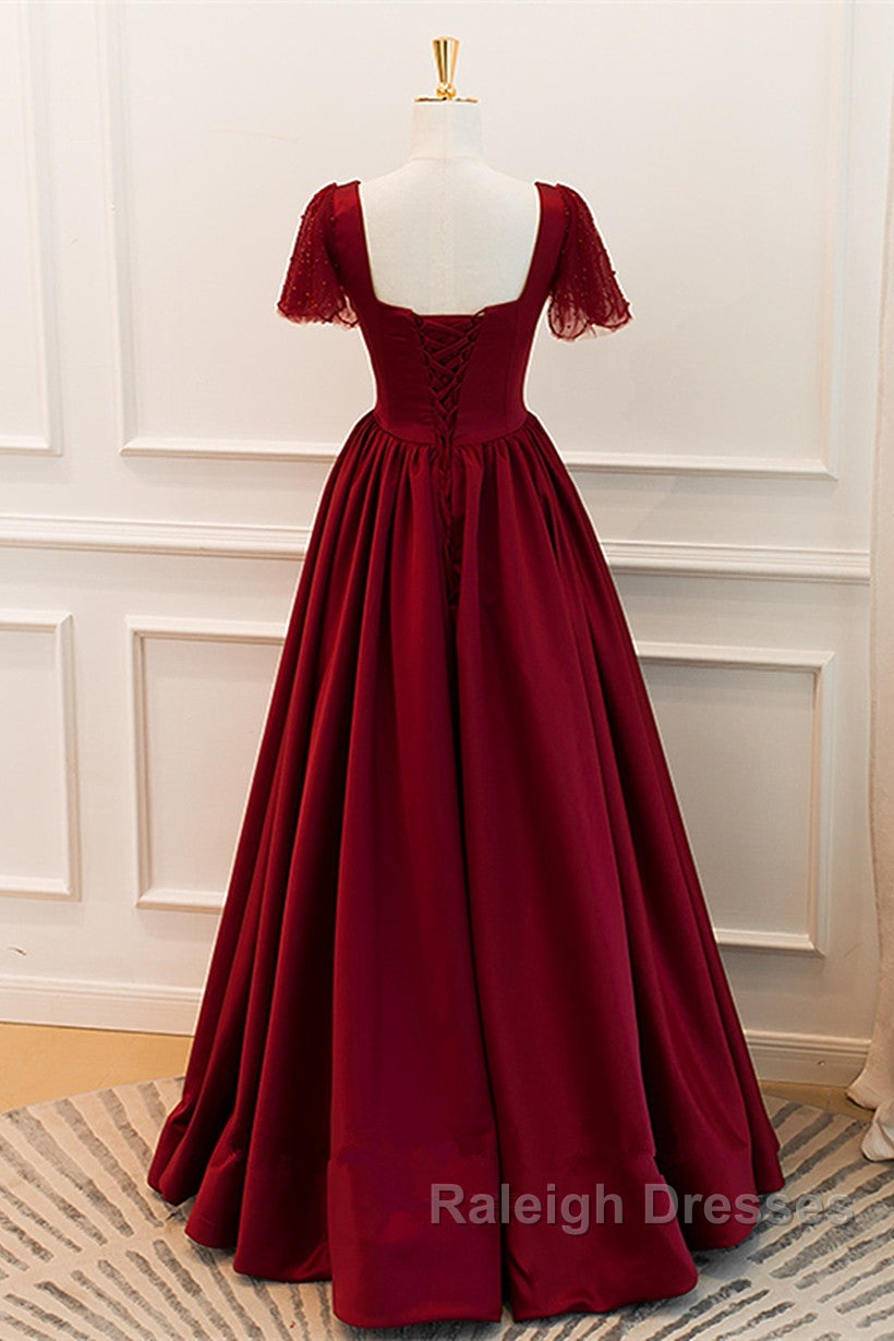 Wine Red Satin A-Line Floor Length Party Dress, Wine Red Evening Dress
