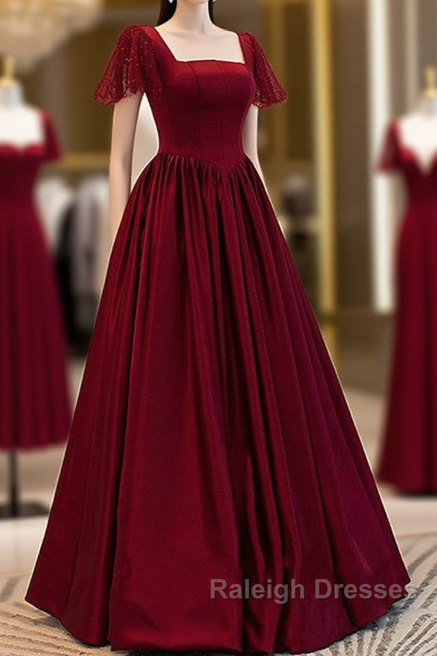 Wine Red Satin A-Line Floor Length Party Dress, Wine Red Evening Dress Main image