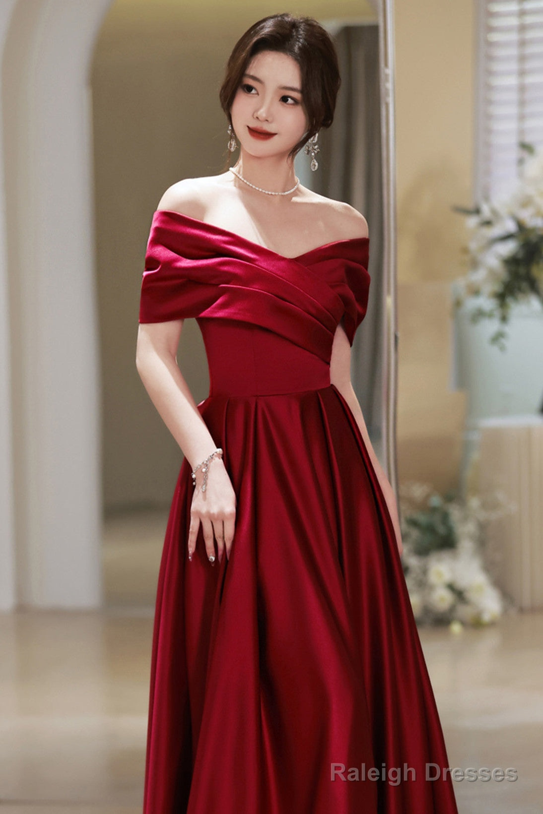 Wine Red Satin A-Line Off Shoulder Long Prom Dresses Wine Red Simple Prom Dresses