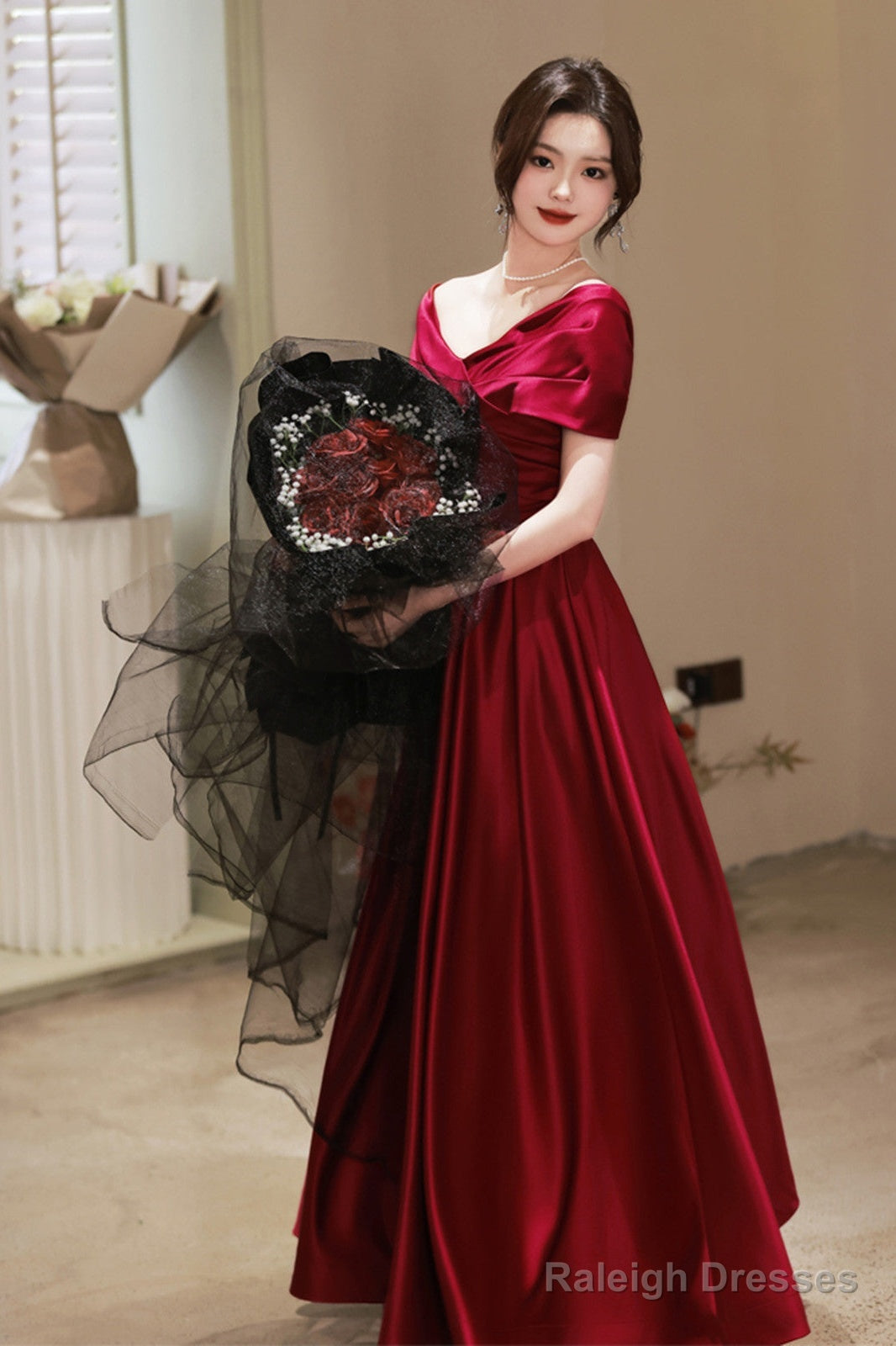 Wine Red Satin A-Line Off Shoulder Long Prom Dresses Wine Red Simple Prom Dresses