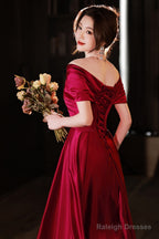 Wine Red Satin A-Line Off Shoulder Long Prom Dresses Wine Red Simple Prom Dresses