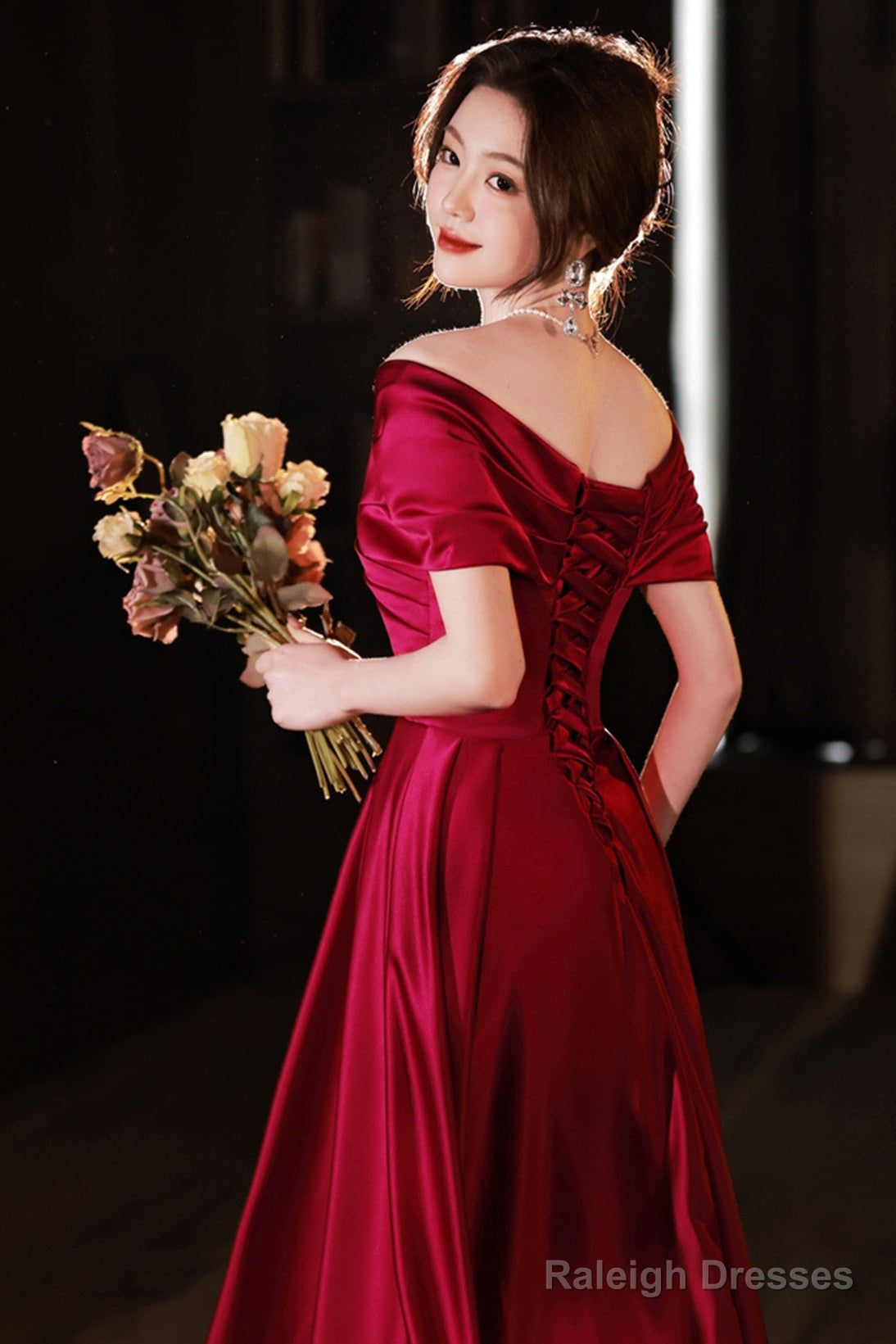 Wine Red Satin A-Line Off Shoulder Long Prom Dresses Wine Red Simple Prom Dresses