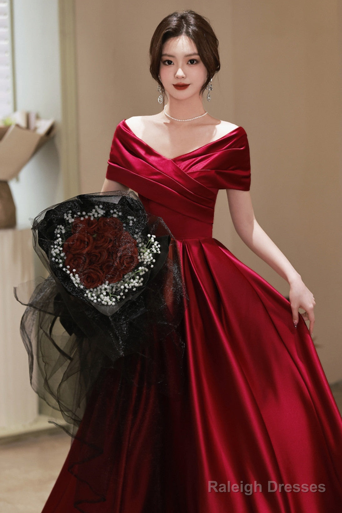 Wine Red Satin A-Line Off Shoulder Long Party Dress, Wine Red Simple Prom Dress Main image
