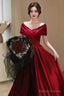 Wine Red Satin A-Line Off Shoulder Long Prom Dresses Wine Red Simple Prom Dresses