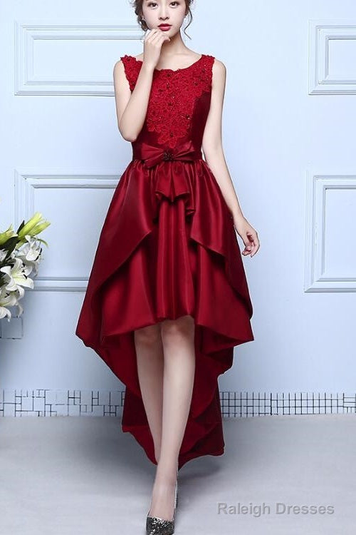 Wine Red Satin And Lace High Low Homecoming Dress , Lovely Formal Dresses Main image
