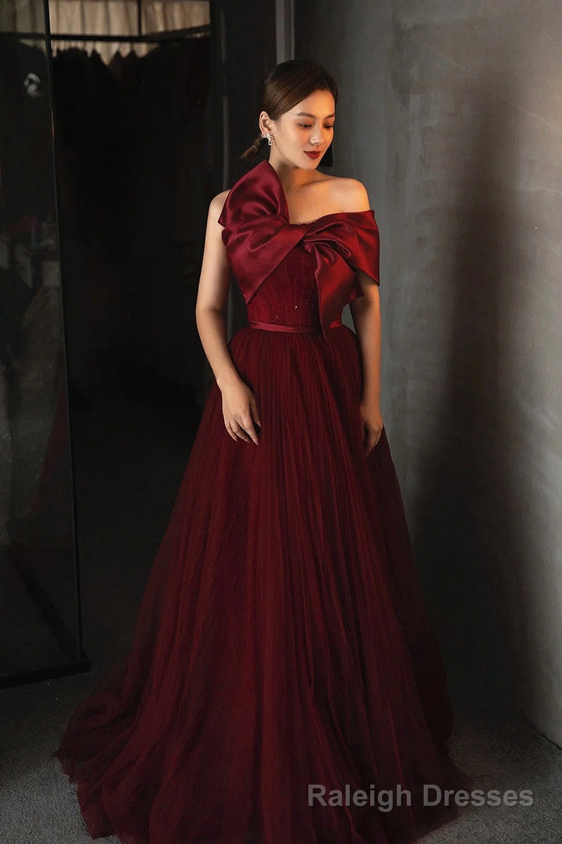 Wine Red Satin and Tulle A Line Simple Prom Dress, Floor Length Prom Dress Main image