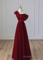 Wine Red Satin and Tulle A Line Simple Prom Dress, Floor Length Prom Dress