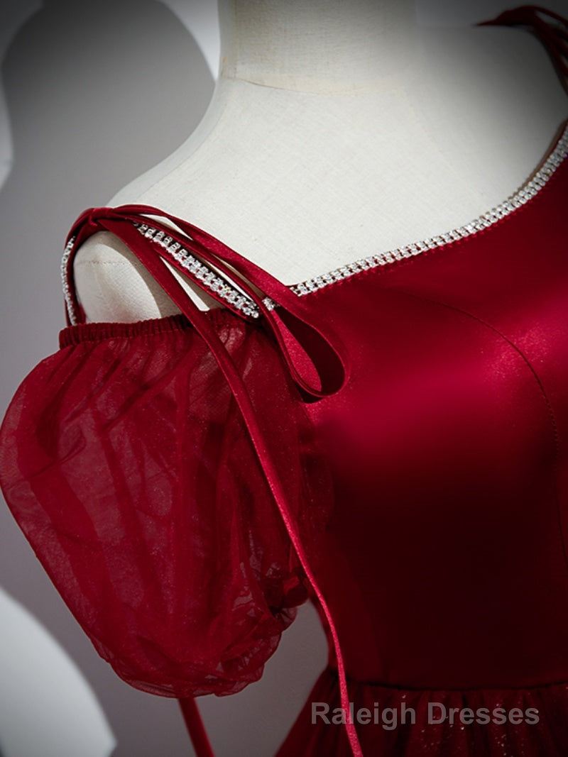 Wine Red Satin and Tulle Straps Long Prom Dress, Wine Red Off Shoulder Prom Dress
