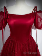 Wine Red Satin and Tulle Straps Long Prom Dress, Wine Red Off Shoulder Prom Dress