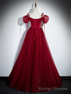 Wine Red Satin and Tulle Straps Long Prom Dress, Wine Red Off Shoulder Prom Dress