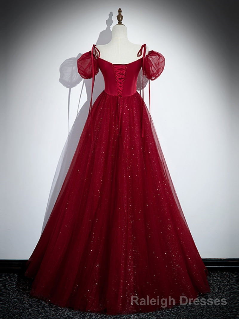 Wine Red Satin and Tulle Straps Long Prom Dress, Wine Red Off Shoulder Prom Dress