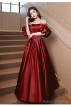 Wine Red Satin Beaded Chic Long Prom Dresses Wine Red Puffy Sleeves Prom Dresses