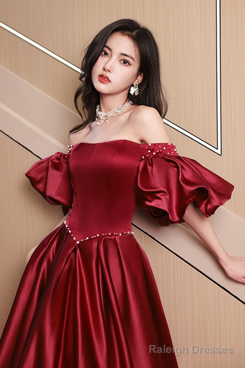 Wine Red Satin Beaded Chic Long Prom Dresses Wine Red Puffy Sleeves Prom Dresses