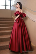 Wine Red Satin Beaded Chic Long Prom Dresses Wine Red Puffy Sleeves Prom Dresses