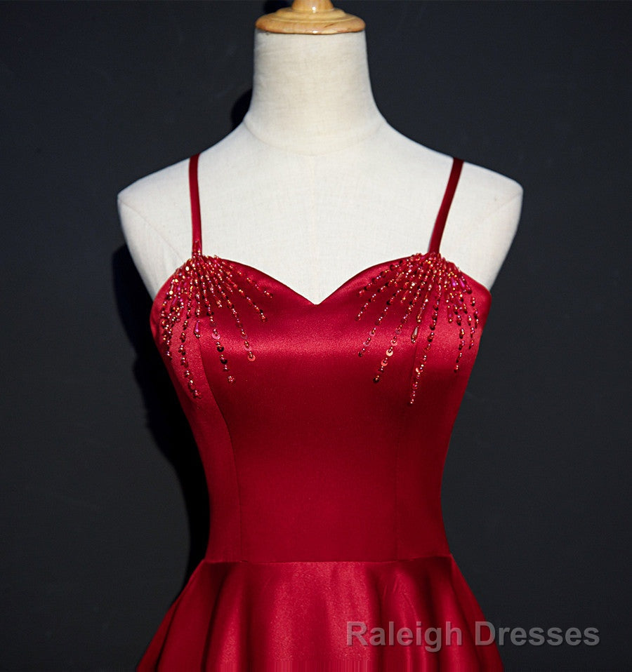 Wine Red Satin Beaded Sweetheart Party Dress, A-line Wine Red Prom Dress