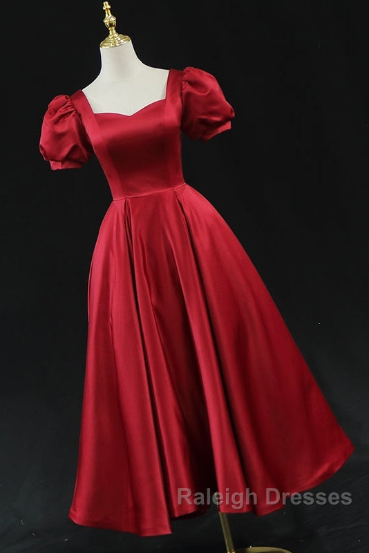 Wine Red Satin Bridesmaid Dress Party Dress, Tea Length Prom Dresses Secondary image