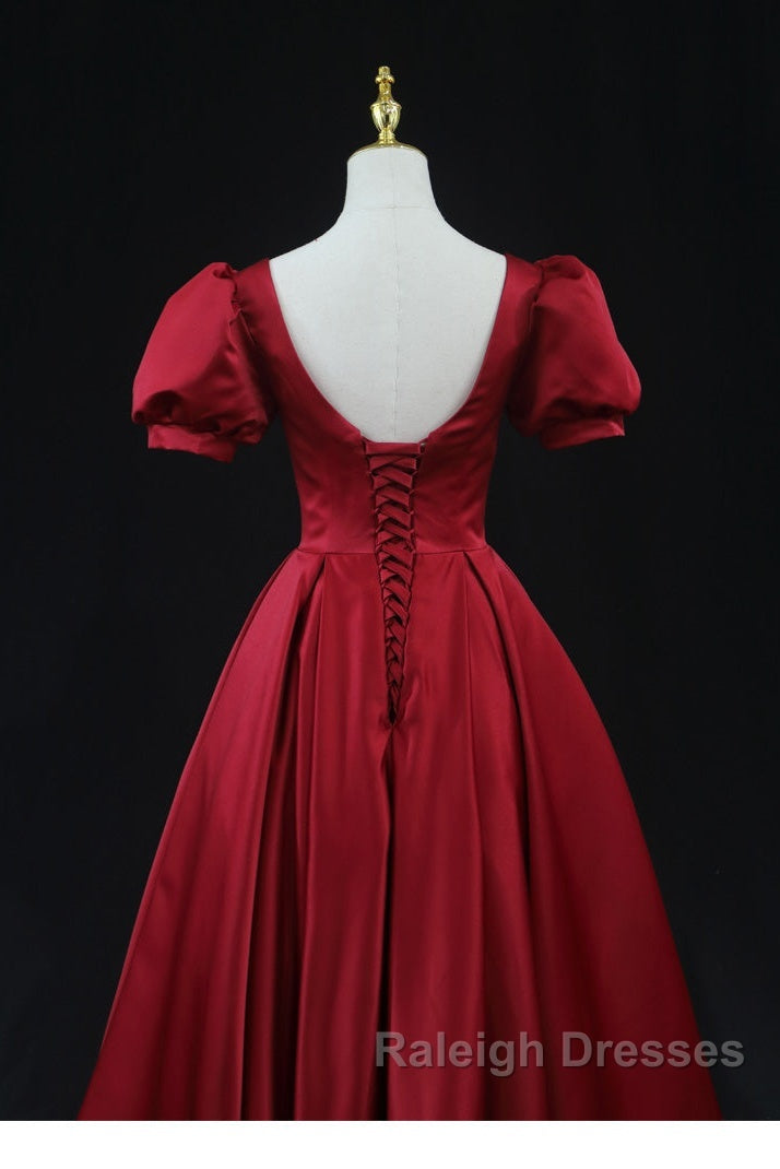 Wine Red Satin Bridesmaid Dress Party Dress, Tea Length Prom Dresses