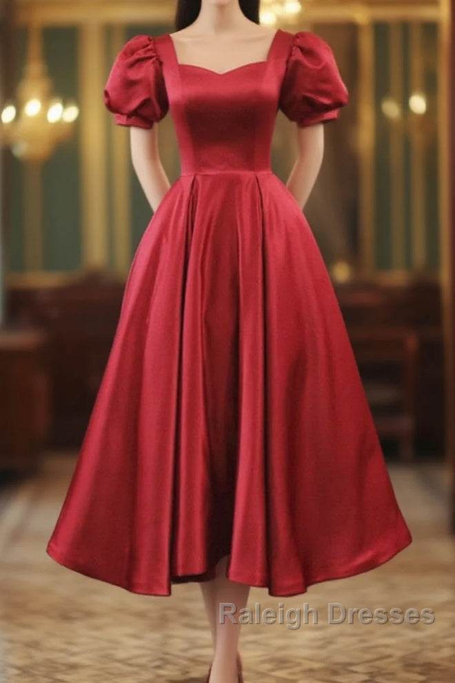 Wine Red Satin Bridesmaid Dress Party Dress, Tea Length Prom Dresses Main image