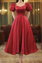 Wine Red Satin Bridesmaid Dress Party Dress, Tea Length Prom Dresses