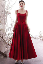 Wine Red Satin Cross Back Long Prom Dress, Wine Red Wedding Party Dress