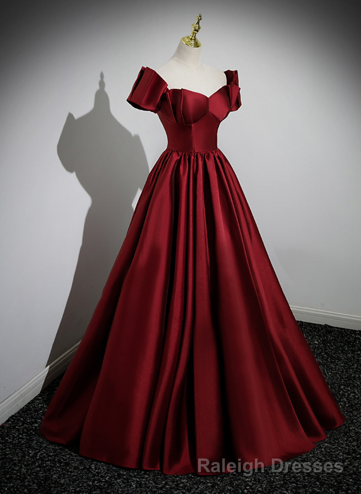 Wine Red Satin Long Prom Dress, Off Shoulder Sweetheart Floor Length Prom Dress Main image