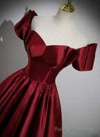Wine Red Satin Long Prom Dress, Off Shoulder Sweetheart Floor Length Prom Dress