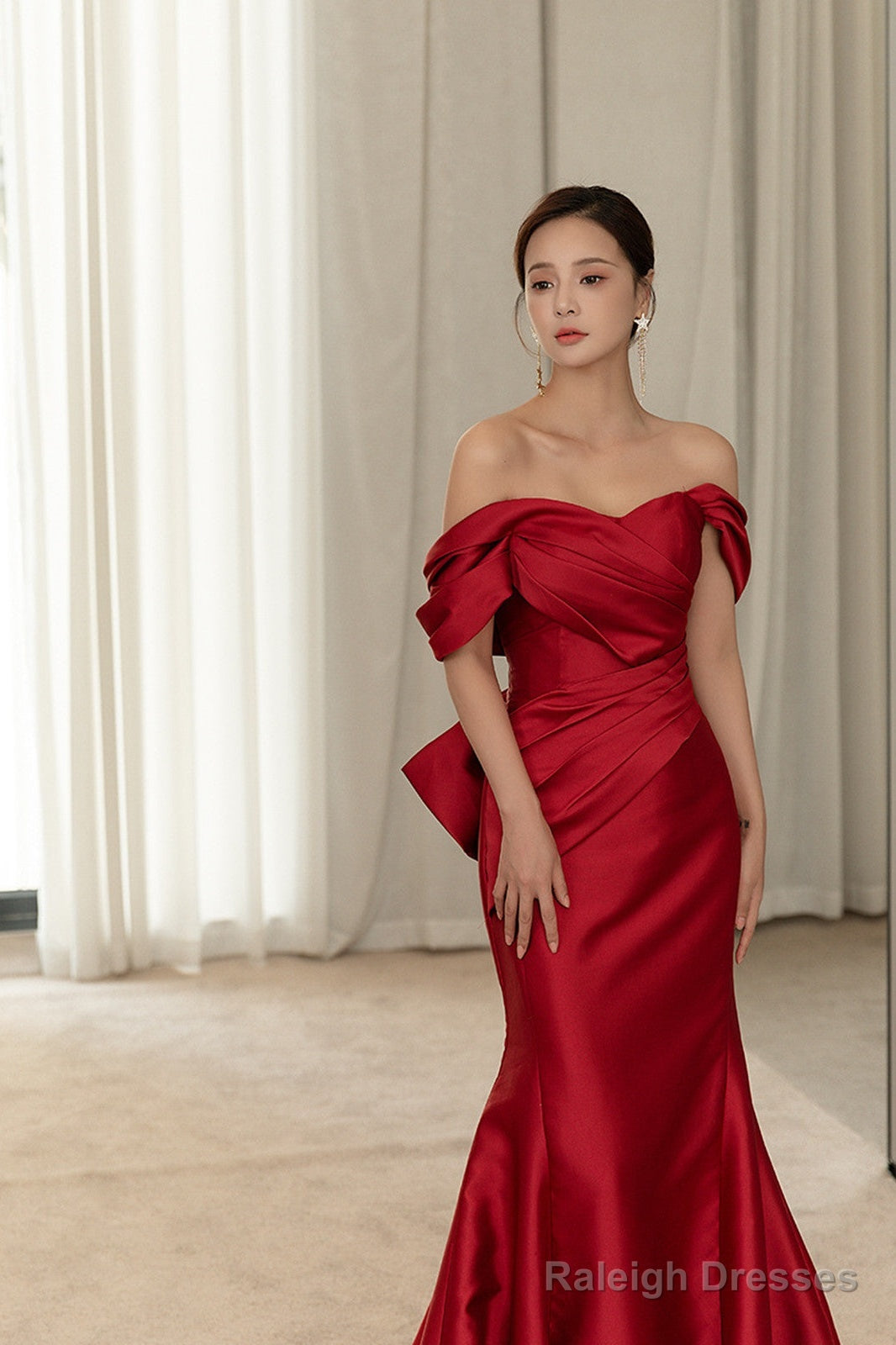 Wine Red Satin Mermaid Long Party Dress With Bow, Wine Red Off Shoulder Prom Dress Secondary image