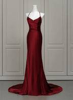 Wine Red Satin Mermaid Straps Low Back Prom Dress, Wine Red Evening Dress