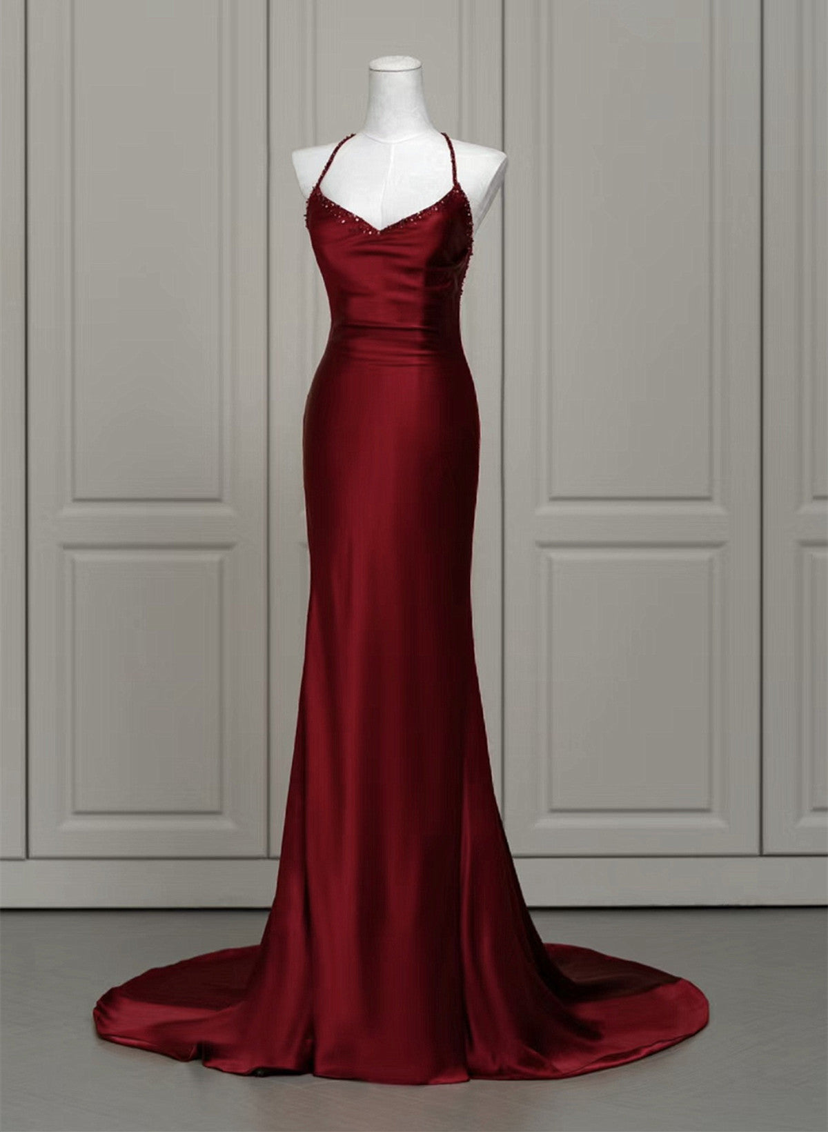 Wine Red Satin Mermaid Straps Low Back Prom Dress, Wine Red Evening Dress