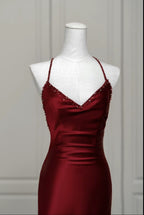 Wine Red Satin Mermaid Straps Low Back Prom Dresses Wine Red Prom Dresses