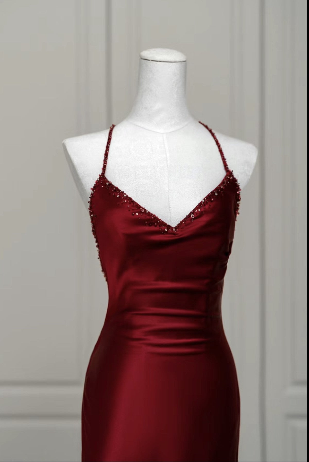 Wine Red Satin Mermaid Straps Low Back Prom Dresses Wine Red Prom Dresses