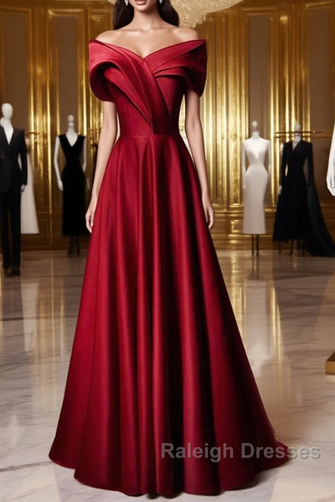 Wine Red Satin Off Shoulder A-Line Party Dress, Wine Red Long Formal Dress Prom Dress Main image