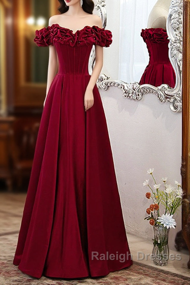 Wine Red Satin Off Shoulder Beaded Long Formal Dress, Wine Red A-Line Prom Dress Main image
