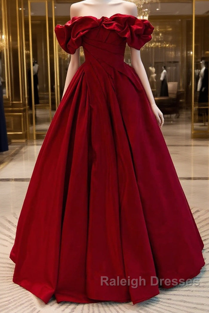 Wine Red Satin Off Shoulder Chic Long Party Dress, Wine Red Sweetheart Prom Dress Main image