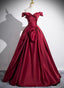 Wine Red Satin Off Shoulder Floor Length Prom Dresses Wine Red Long Prom Dresses