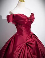 Wine Red Satin Off Shoulder Floor Length Prom Dresses Wine Red Long Prom Dresses