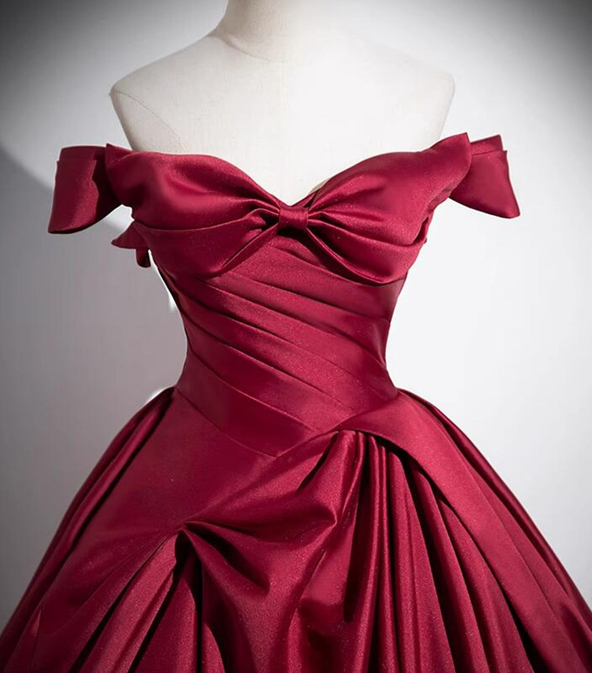 Wine Red Satin Off Shoulder Floor Length Prom Dresses Wine Red Long Prom Dresses