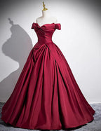 Wine Red Satin Off Shoulder Floor Length Prom Dresses Wine Red Long Prom Dresses