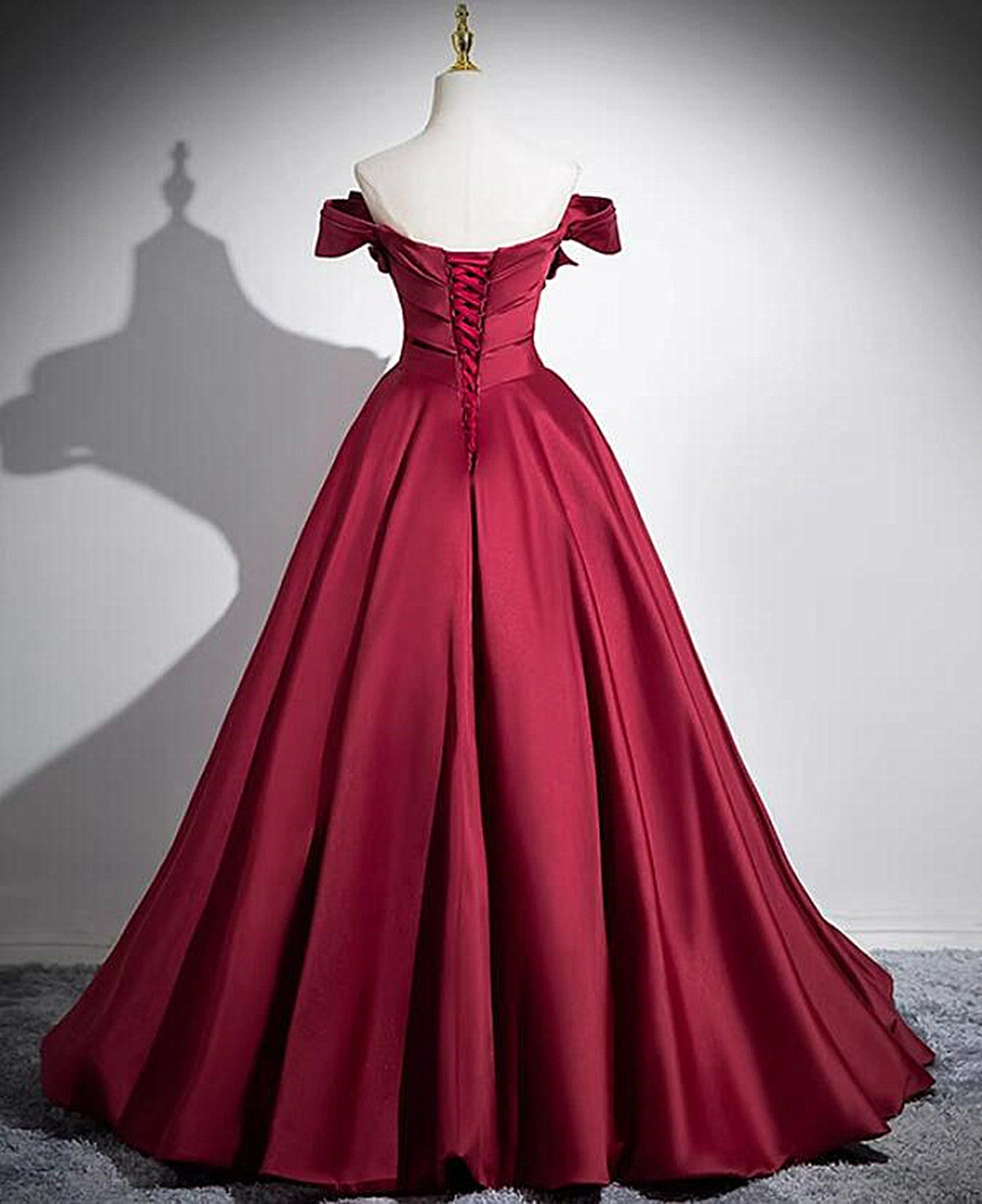 Wine Red Satin Off Shoulder Floor Length Prom Dresses Wine Red Long Prom Dresses